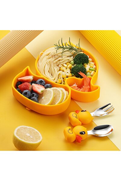 Flippy Set diversificare Flippy, silicon, 20x17.5 cm, farfurie rață, lingură, furculiță, pai, galben