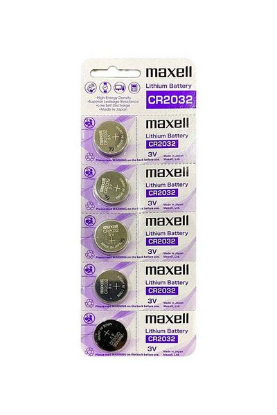 Maxell 5-piece CR2032 Lithium Battery, Assorted Colors
