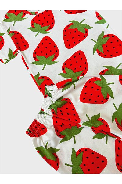TOFU KİDS Girl's Cotton White Color Strawberries Patterned Short Sleeve Shorts Summer Pajama Set