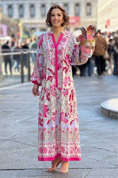 Nevin Kaya Moda Pink Color Portofino Pattern Long Dress