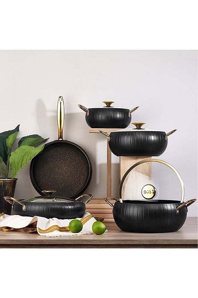 OMS 9Pcs Meridian Granite Cookware Set - Black Color - Made in Turkey