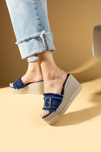 Pembe Potin Women's Navy Blue Linen Thick Wedge Heel Poly Comfortable Sole Slippers Sandals