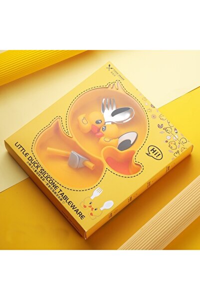 Flippy Set diversificare Flippy, silicon, 20x17.5 cm, farfurie rață, lingură, furculiță, pai, galben