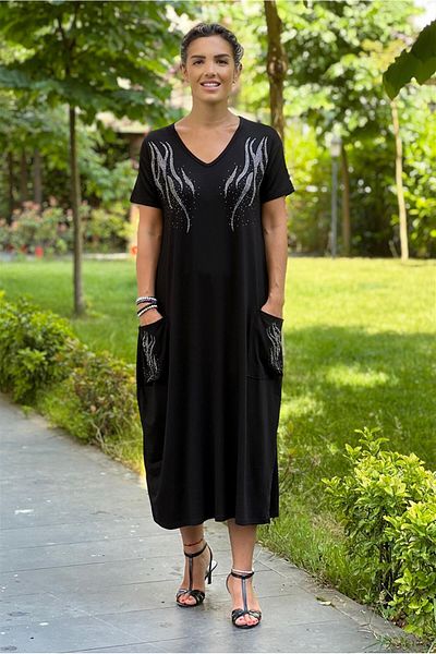 Nevin Kaya Moda Rochie neagră subțire cu detaliu de piatră de înger