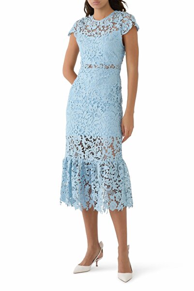 ALICE AND OLIVIA Clover Açık Sırtlı Dantel Midi Elbise, Mineral Mavi, Romantik Tasarım