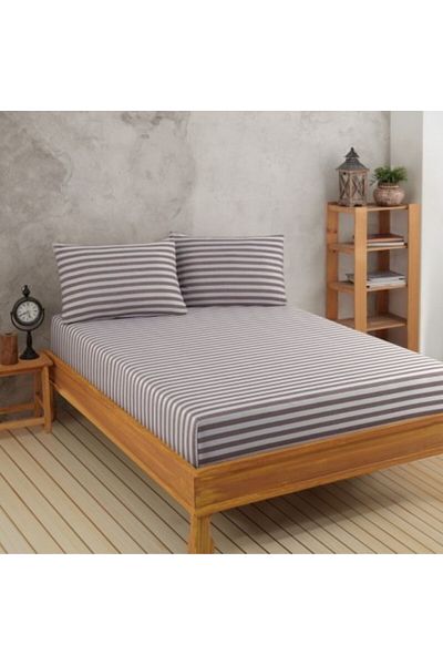 Enlora Home Bed cover set with elastic and 2 pillowcases, 65% cotton and 35% polyester, 160x200cm, brown with stripes