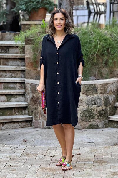 Nevin Kaya Moda Μαύρο 100% βαμβακερό μαλακό πουκάμισο μουσελίνας