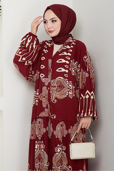 Bestenur Nihar Φόρεμα με μισό κουμπί υφαντό βισκόζη 1495 - Claret Red