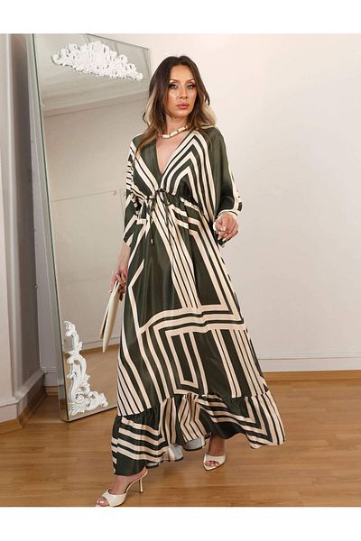 QİMYA BUTİK Buketli̇ Women Front & Back V Neck Patterned Cotton Satin Maxi Length Dress
