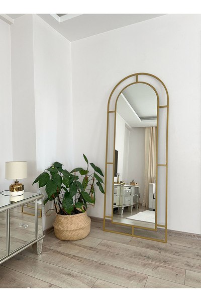 EFFE YAPI DEKOR Gold Metal Çerçeveli 180x70 Cm Pencere Model Oval Ayaklı Boy Aynası