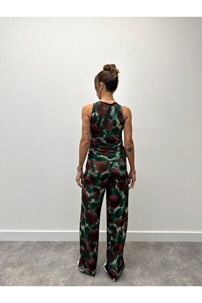 Maldia Shop Women's Modern Patterned Brown Blouse Pants Suit