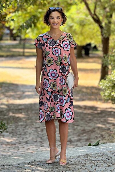 Nevin Kaya Moda فستان برتقالي فيسكوز منقوش بنقشة زنبق الماء 100% من القطن