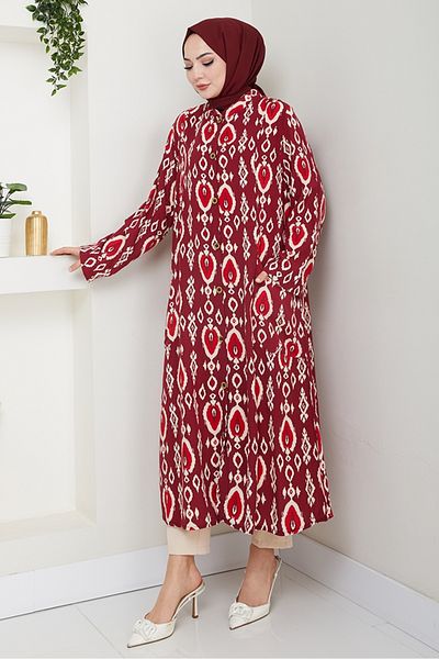 Bestenur Patterned Woven Viscose Tunic 1516 - Claret Red