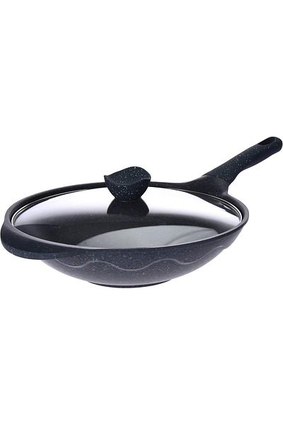 ALSAIF Non-stick Aluminum Frying Pan With Glass Lid By , Size: 32 Cm, Color: Blue Granite