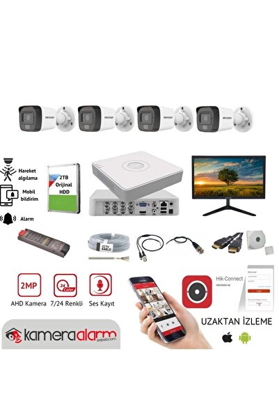 Hikvision 4 Kameralı 7/24 Renkli, Ses Kayıtlı Güvenlik Kamerası Seti - Monitörlü