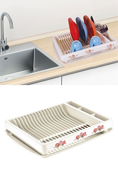 Flosoft Vintage Tepsili Bölmeli Bulaşıklık, Nostalji Tezgah Üstü Tabaklık Kaşıklık Kurutmalık (35x42cm)