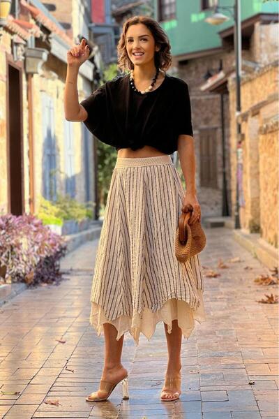 Nevin Kaya Moda Κρεμ Χρώμα Ασύμμετρη Φούστα με επένδυση από 100% βαμβάκι