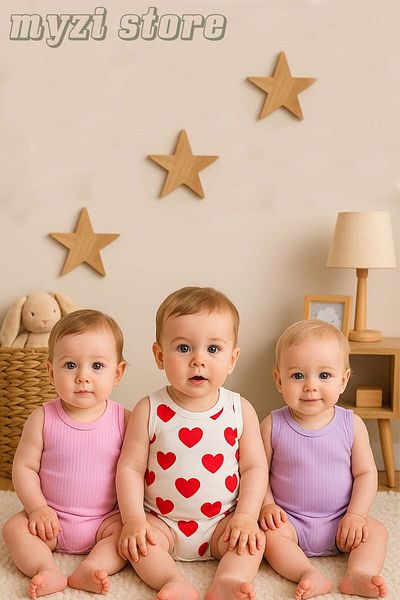 MYZİ STORE Baby Girl 100% Cotton 3 Pieces Summer Bodysuit with Straps and Snap Fasteners