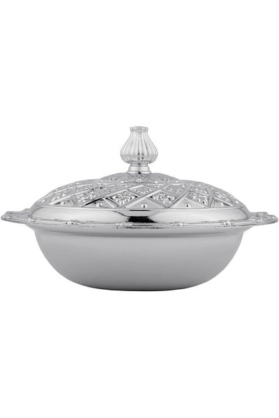 ALSAIF Metallic Bowl For Dates With Lid And Handle, Size 11cm × 11cm, Silver