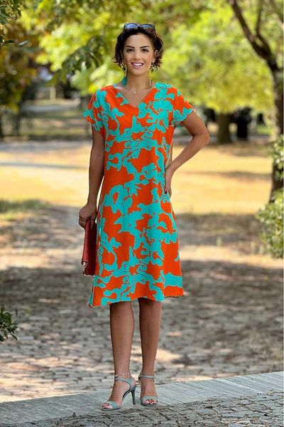 Nevin Kaya Moda 100% bumbac vascoza - rochie turcoaz cu model acuarela