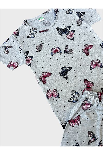 TOFU KİDS Girl's Cotton Gray Color Butterflies Patterned Short Sleeve Shorts Summer Pajama Set