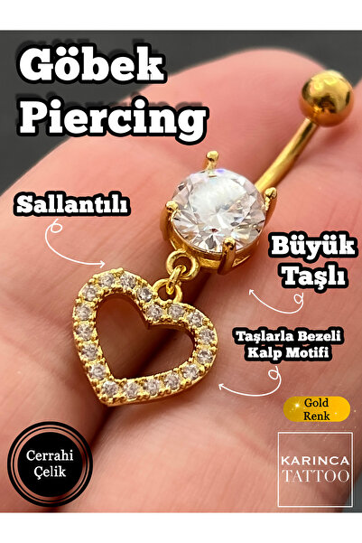 Karınca Piercing Kalp Sallantılı Taşlı Göbek Piercing