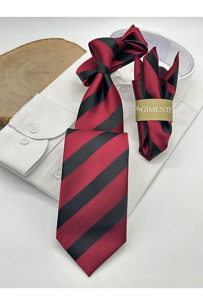 Gutiero Claret Red Black Striped Classic Tie with Handkerchief