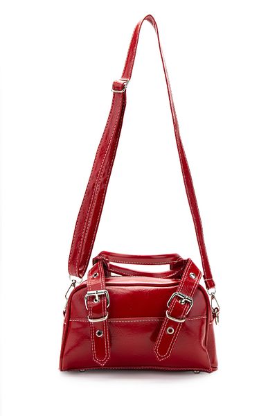 minebag Ojos Red Faux Leather Women's Crossbody Bag with Double Belt Buckle