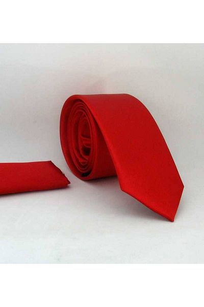 Gaffy Red Slim Fit (THIN) Satin Tie with Solid Color Handkerchief - Ss-02