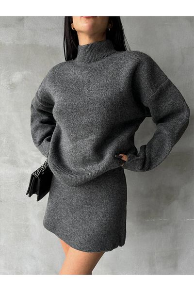 NZL TEKSTİL Dgn's Solid Basic Soft Textured 2-Piece Sweater-Skirt Set