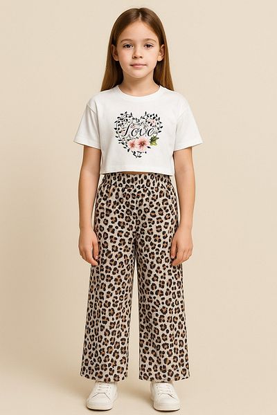 ÖRZİKİDS Summer Leopard Printed Short Sleeve Girls Set 8/14 Years Old