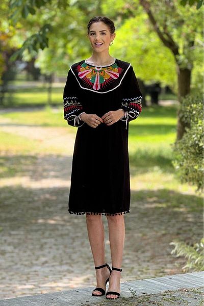 Nevin Kaya Moda Ethnic Embroidered Black Dress - Laçin Design
