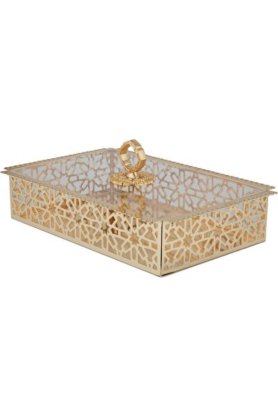 ALSAIF Reman Iron Steel Serving Tray With Lid ,colour: Gold ,size: Small