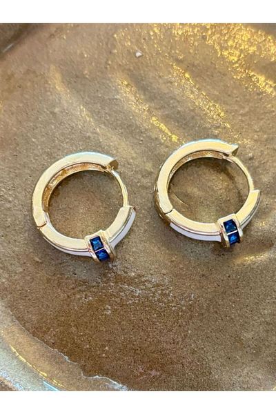 SE Jewellery Collection Selin Ersoy C White Enameled Navy Blue Stone Detailed Stylish Women's Hoop Earrings 2.2 cm