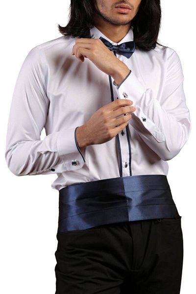 Dicotto Λευκό Navy Blue Slim Fit πουκάμισο σμόκιν - Διπλό κορδόνι, Γαμπρός γιακάς, Μανικετόκουμπα - 011