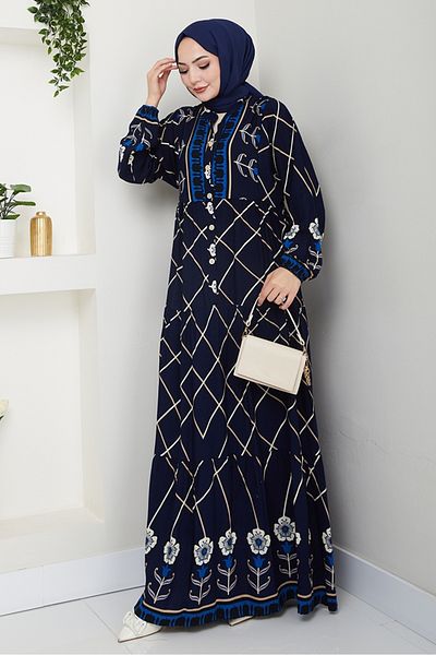 Bestenur Bat Sleeve Half Button Woven Viscose Dress 1483 - Navy Blue