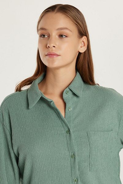 Tudors Women's Relax Fit Relaxed Cut Long Sleeve Seersucker Green Shirt