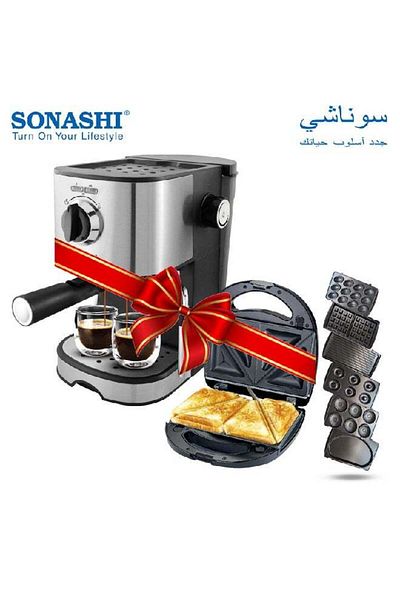 sonashi 7-In-1 Non-Stick Multi Snacks Maker With Stainless Steel Espresso Cappuccino And Latte Coffee Maker