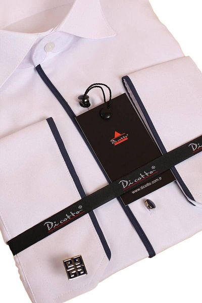 Dicotto Single Bieli Groom Suit Slim Fit Tuxedo Shirt White Navy Blue with Ankle Collar and Cufflinks - 028