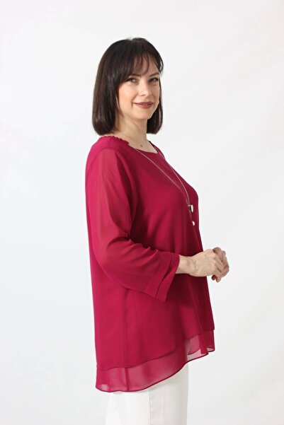 Moda Berray 1934 Kolyeli Şifon Büyük Beden Şık Bluz Kırmızı