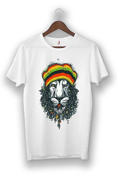 donamod Unisex Alb - Ilustrație Leu cu pălărie Bob Marley - Tricou cu design VIP