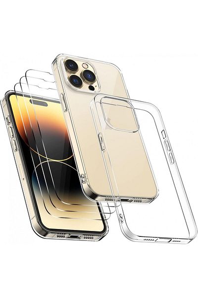 YNMEacc Set of case and 3 protective films for iPhone 14 Pro YNMEacc, tempered glass/silicone, transparent