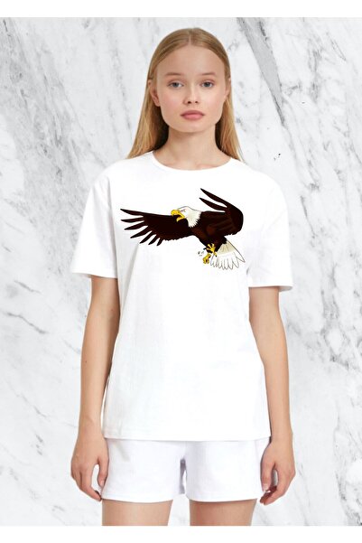 donamod تيشيرت نسائي أبيض عادي مطبوع عليه نسر