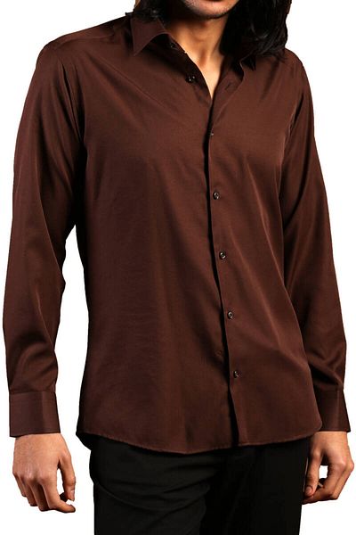 Dicotto Мъжка риза Slim Fit от кафяв микроплат - Slim Cut, копчета за ръкавели - 201-11