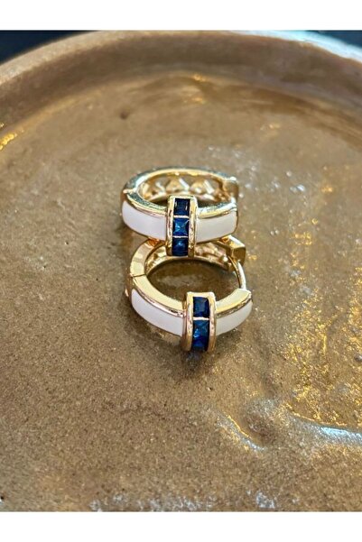 SE Jewellery Collection Selin Ersoy C Beyaz Mineli Lacivert Taş Detaylı Şık Kadın Halka Küpe 1,7 cm