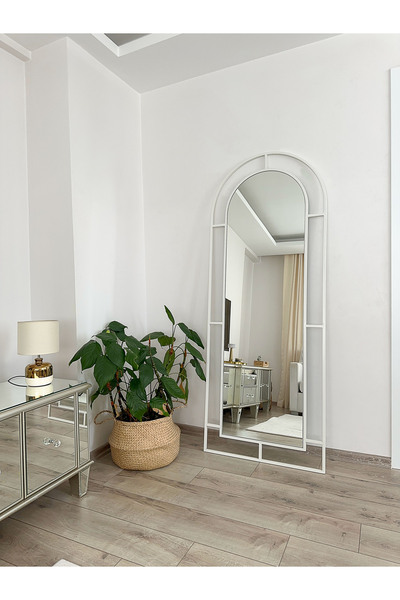 EFFE YAPI DEKOR Beyaz Metal Çerçeveli 180x70 Cm Pencere Model Oval Ayaklı Boy Aynası