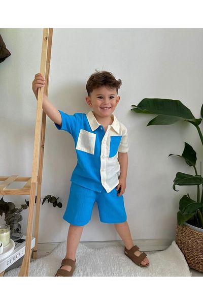 JELİBOOM Minimira Kids Male Child Blue White Colorblock Muslin Shirt Shorts Suit