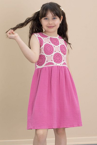 Cansın Mini Rochie din muselina pentru fete cu maneca zero brodata din dantela fuchsia 21024