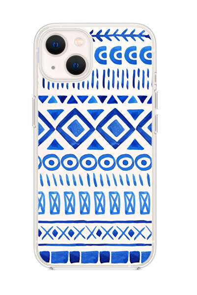 mooodcase iPhone 15 Uyumlu Etnik İndigo Desenli Şeffaf Silikonlu Telefon Kılıfı