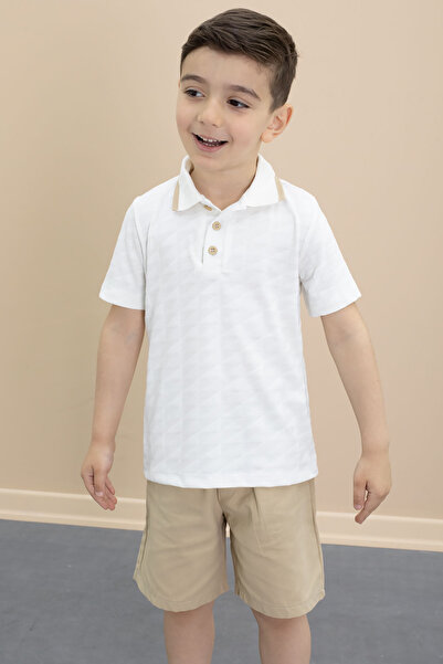 Cansın Mini Beige Polo Collar Buttoned T-Shirt Boy's Shorts Set of 2 21104